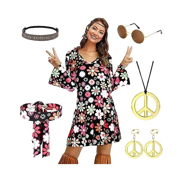 Costume de hippie pour femme - Robe des années 60 et 70 - Vêtements hippie - Pour femme et fille - Robe disco des années 70 -