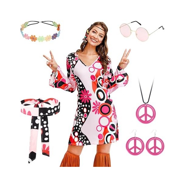 Costume de hippie pour femme - Robe des années 60 et 70 - Vêtements hippie - Pour femme et fille - Robe disco des années 70 -