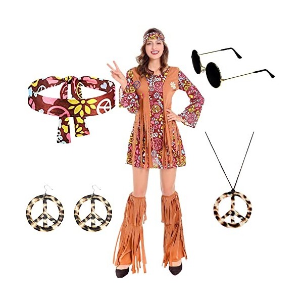 Yumcute 70s Hippie Dress Costumes Necklace Earrings Sunglass Women Disco Outfit, 60s Party Costume, Halloween Retro Dresses M