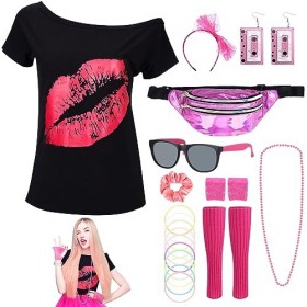 Ensemble de tenues des années 80 pour femme, costume des années 80, accessoires avec t-shirt, bandeau, boucles doreilles, co