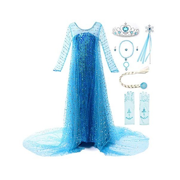 JerrisApparel Robe Costume Petites Filles Princesse Elsa Déguisement Pailleté Elsa avec Accessoires, 140 