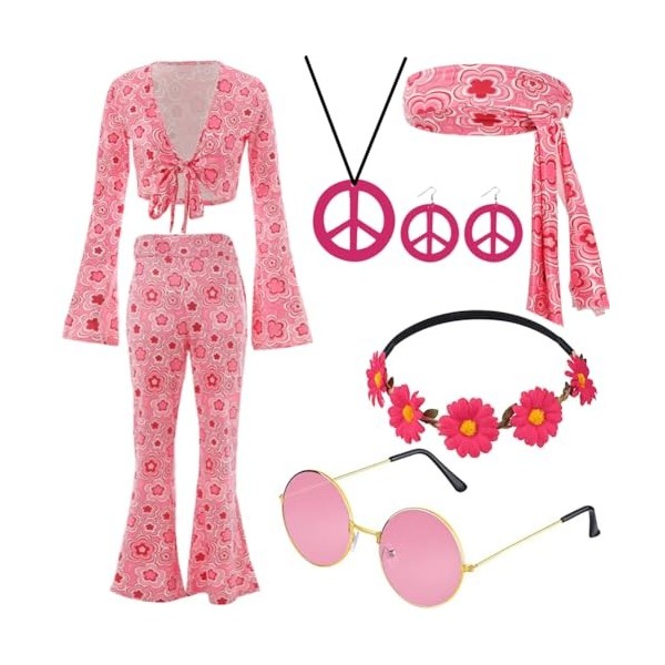 Déguisement Hippie Femme Metaparty - Lot 4 Pièces Années 70, Robe Disco, Accessoires