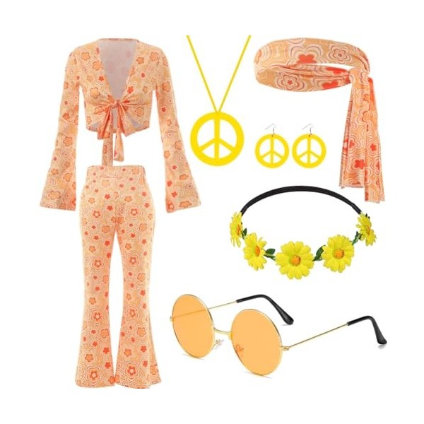 RANJIMA Lot de 8 costumes hippie pour femme - Vêtements hippie des années 60 - Vêtements hippie des années 70 - Tenue disco -