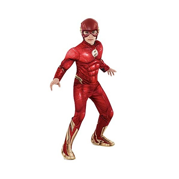 Rubies Costume The Flash Deluxe pour enfant, Jumpsuit avec poitrine musclée, couvre-bottes et masque, Officiel DC Comics, The