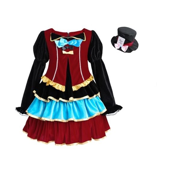 CR ROLRCOS Robe Chapelier fou Costume pour fille Costume Fairytale Chapeau Bas 3 pièces, rouge bordeaux, M