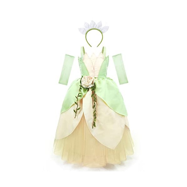 IDOPIP Deguisement Robe Princesse Tiana Enfant Fille, Filles Déguisement Princess and the Frog avec Pochette + Bandeau pour A