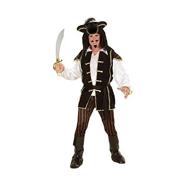 "PIRATE CAPTAIN" shirt with vest, pants, belt, hat with feather, boot covers - S 