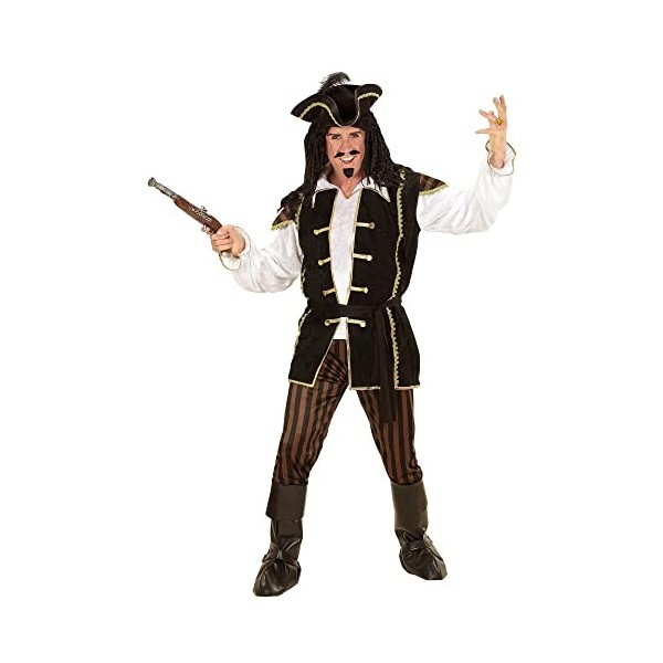 "PIRATE CAPTAIN" shirt with vest, pants, belt, hat with feather, boot covers - S 