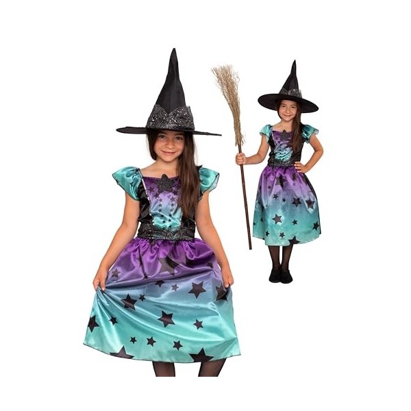 Magicoo Costume de sorcière magique pour fille avec robe et chapeau Taille 110 à 140 cm