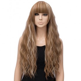 FiveFour Perruque Brun-Blond 70 cm Perruques Synthétiques Ondulées Longues Cheveux Postiches avec Frange Chapeau de Perruque 