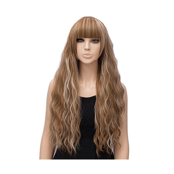 FiveFour Perruque Brun-Blond 70 cm Perruques Synthétiques Ondulées Longues Cheveux Postiches avec Frange Chapeau de Perruque 