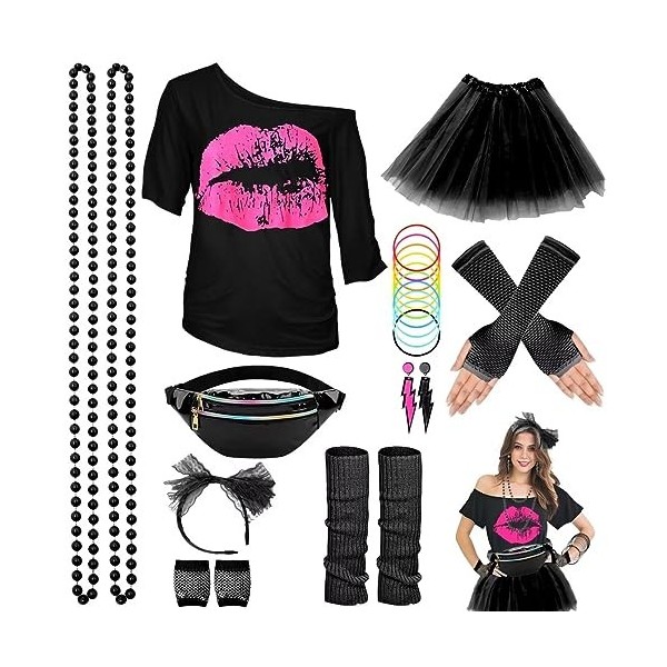 WILDPARTY Kit Déguisement Année 80 Accessoire Femme, T-Shirt, Tutu, Sac Banane, Bandeau, Boucle dOreille, Collier, Gants Rés