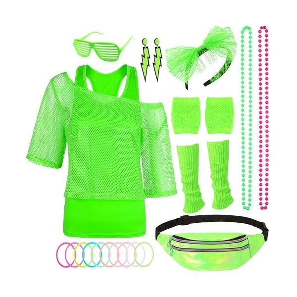 Tenue des années 80 90 pour femme - Fluo 80 ans - Tenue de fête avec maille, débardeur, sac banane, chauffe-jambes, bandeau, 