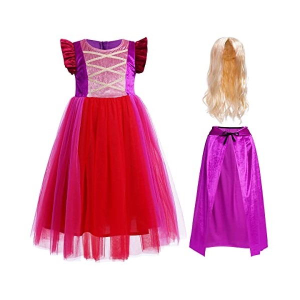 Mary Sanderson Costume pour enfants Filles Robe de sorcière en tulle de velours Capuche Sanderson Sister Fancy Dress up Outfi