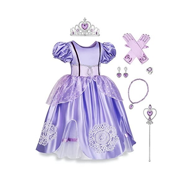 IBAKOM Enfant Fille Robe Princesse Sophia Costume Déguisement Conte Fées Cosplay Halloween Carnaval Noël Habiller avec Access