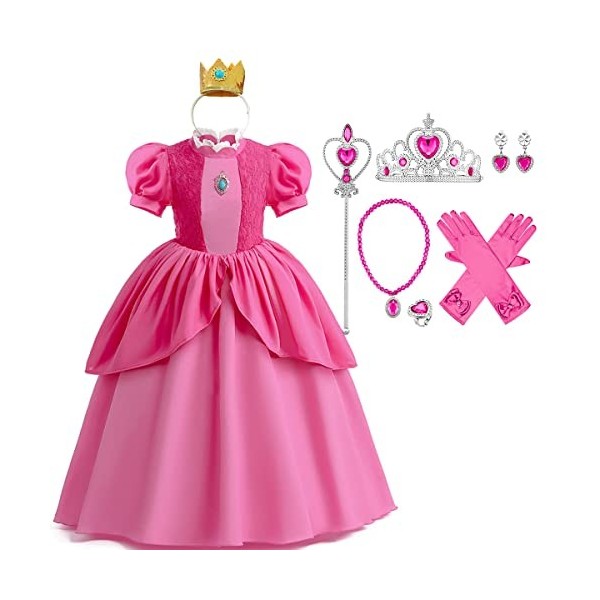 IMEKIS Costume de princesse de pêche pour fille,Costume dHalloween,Fée de cosplay,Rose,Manches bouffantes,Pour fête,Avec cou