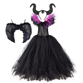 Odizli Costume maléfique pour enfant fille - Diable - Vampire - Sorcière - Robe de princesse - Robe en tulle tricotée - Ailes
