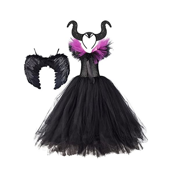 Odizli Costume maléfique pour enfant fille - Diable - Vampire - Sorcière - Robe de princesse - Robe en tulle tricotée - Ailes