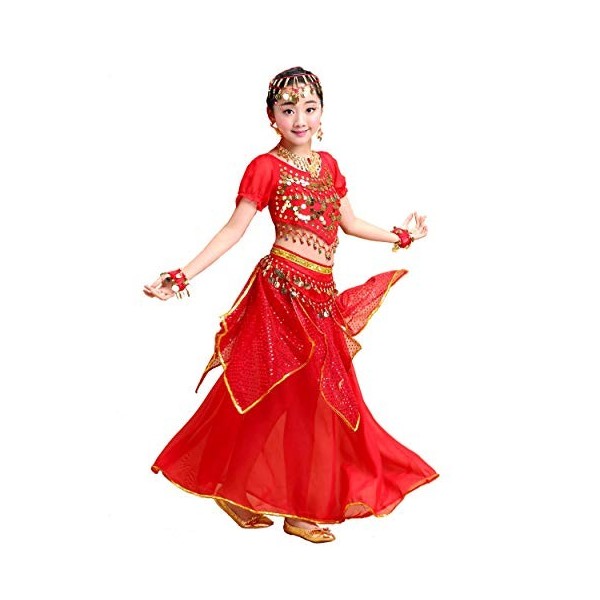 Grouptap Filles Bollywood Indien Princesse Arabe Danse du Ventre Porter Fantaisie Parti Costume Jupe Robe Rouge Enfants Costu