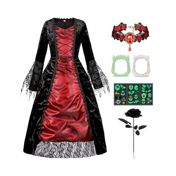 G052S Costume de vampire pour enfant - Reine dHalloween - Robe avec collier et rose gothique noire - Collier de vampire - Ca