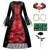 G052S Costume de vampire pour enfant - Reine dHalloween - Robe avec collier et rose gothique noire - Collier de vampire - Ca