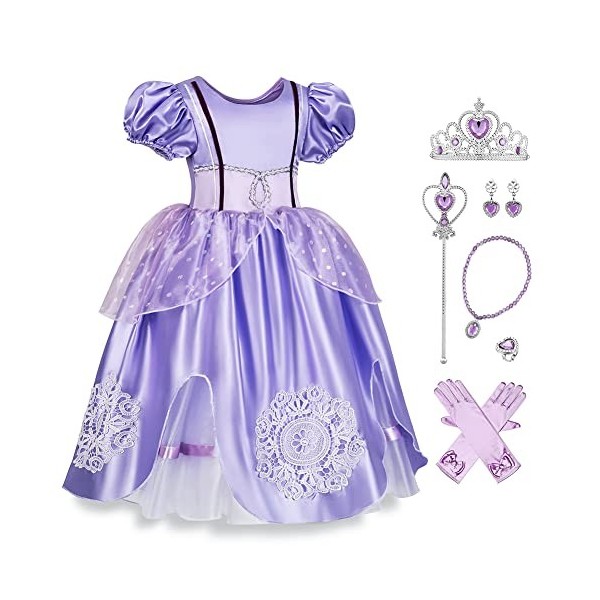 IBAKOM Enfant Fille Robe Princesse Sophia Costume Déguisement Conte Fées Cosplay Halloween Carnaval Noël Habiller avec Access