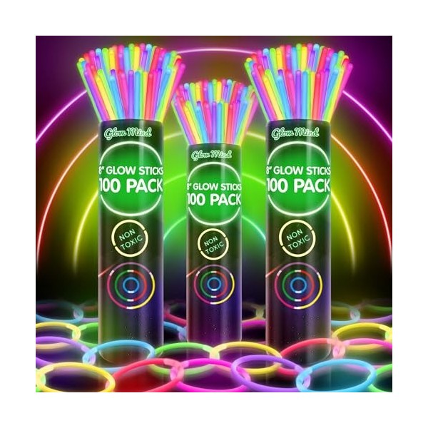 Glow Mind 300 Glow Sticks Articles de fête en Vrac - Pack de Cadeaux de fête Amusants Qui Brillent dans Noir avec connecteurs