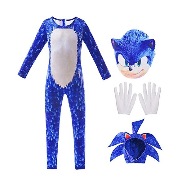 DreamJing Ensemble de costume Sonic le hérisson pour enfants et garçons comprenant une combinaison, un masque, un bandeau et 