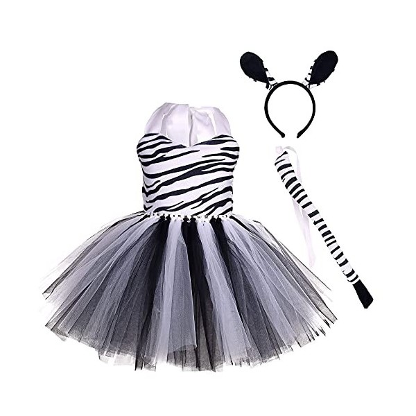 IMEKIS Costume de cosplay pour bébé fille - Costume de princesse vache tigre zèbre léopard girafe - Robe en tulle avec bandea