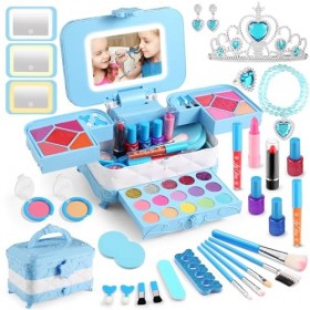 AstarX ® Ensemble de maquillage 57 en 1 pour filles avec miroir de maquillage LED lavable pour filles de 3 à 12 ans