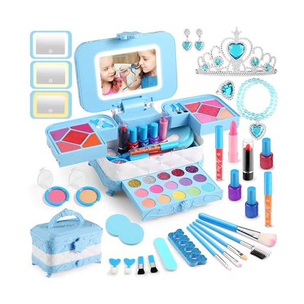 AstarX ® Ensemble de maquillage 57 en 1 pour filles avec miroir de maquillage LED lavable pour filles de 3 à 12 ans