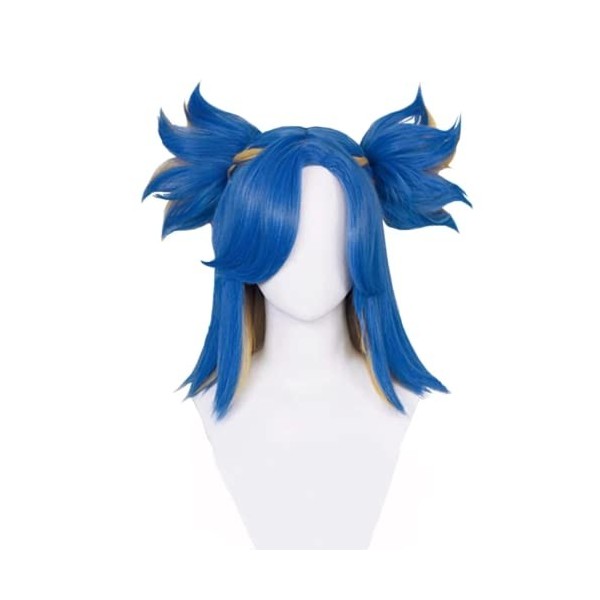 Jeu Valorant Néon Cosplay Perruque Courte Bleu Blonde Avec Deux Queue de Cheval Clip Résistant À La Chaleur Cheveux Halloween