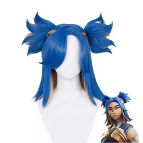 Jeu Valorant Néon Cosplay Perruque Courte Bleu Blonde Avec Deux Queue de Cheval Clip Résistant À La Chaleur Cheveux Halloween