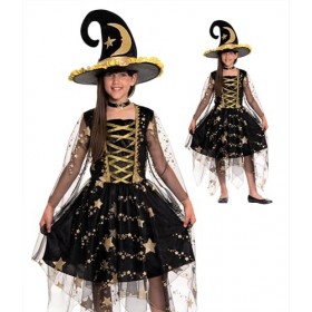 Magicoo Costume de sorcière pour fille - Doré/noir - Halloween - Taille 110 à 140 - Déguisement de sorcière S 