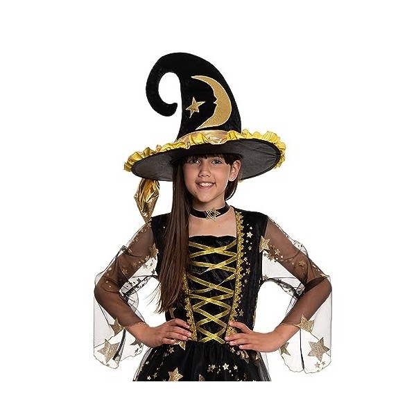 Magicoo Costume de sorcière pour fille - Doré/noir - Halloween - Taille 110 à 140 - Déguisement de sorcière S 