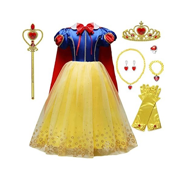 Costume de Blanche-Neige pour fille avec baguette couronne de princesse, déguisement de princesse pour carnaval, fête danniv