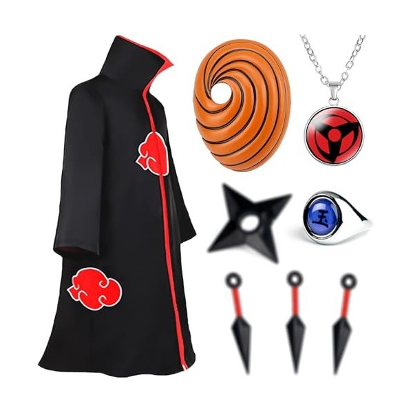 Akatsuki Costume de 8 pièces pour enfant adulte Costume Akatsuki Anime Cosplay Obito Costume avec masque Obito Anneau Uchiha 