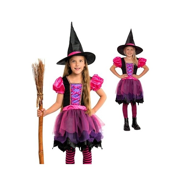 Magicoo Costume de sorcière pour filles avec robe et chapeau, couleurs rose/violet/noir, idéal pour Halloween