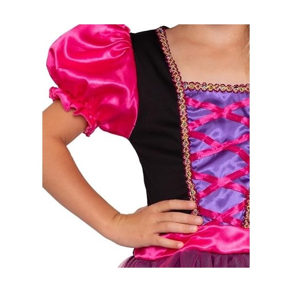 Magicoo Costume de sorcière pour filles avec robe et chapeau, couleurs rose/violet/noir, idéal pour Halloween