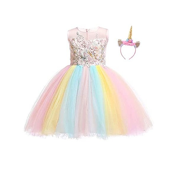 CinheyU Déguisement de licorne Princesse Anniversaire Pageant Tulle Robe Halloween Cosplay Noël Carnaval Déguisement avec ban