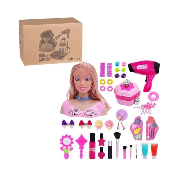 Fabroz Pretend Play Kit de maquillage pour cheveux pour filles, jeu de salon de jeu, figurine demi-action avec sèche-cheveux,