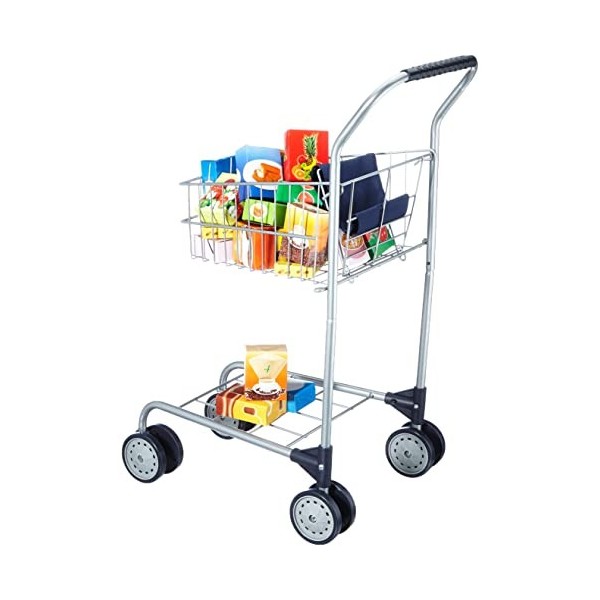 Bayer Design Design-75000AA 75000AA Chariot de Courses Enfant Jouet supermarché, avec siège Rabattable et Accessoires, Argent