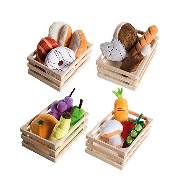 roba Jouets Fruits et Légumes en Peluche - 16 Pièces dAliments pour Marchande et Cuisine Enfant + 4 Paniers en Bois