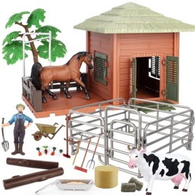 Hyrenee Ferme Jouet Figurines danimaux Set Ferme Clôture Cheval Vache Agriculteur Kits de Jeu pour Enfants garçons âge 3-7 A