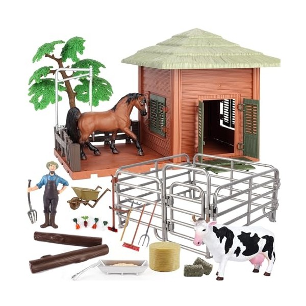 Hyrenee Ferme Jouet Figurines danimaux Set Ferme Clôture Cheval Vache  Agriculteur Kits de Jeu pour Enfants garçons âge 3-7 A
