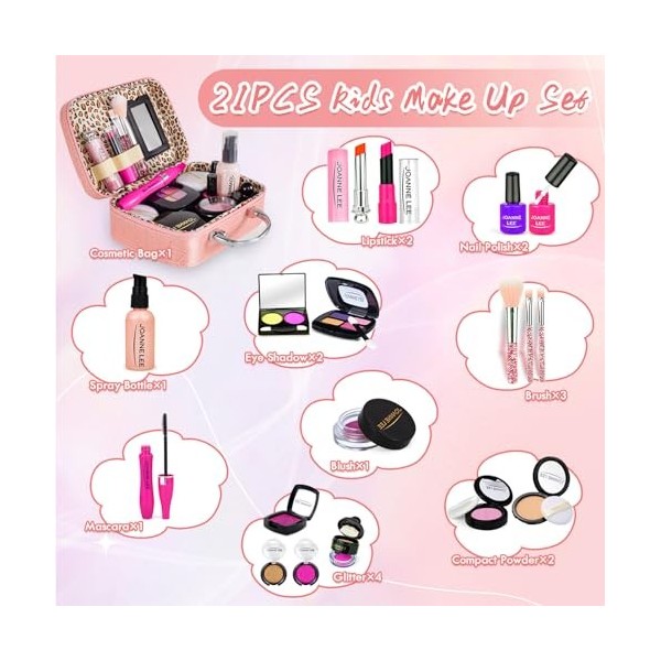 Kit de maquillage pour enfant fille - 21 pièces - Avec trousse sirène - Cadeau de princesse pour 4, 5, 6, 7, 8, 9, 10 ans