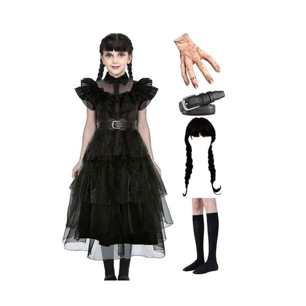 Costume Robe Mercredi Addams | Déguisement Mercredi Addams Fille | Robe De Fils Gothique Vêtements Noir | Costume Vintage Hal