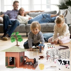 Hyrenee Ferme Jouet Figurines danimaux Set Ferme Clôture Cheval Vache Agriculteur Kits de Jeu pour Enfants garçons âge 3-7 A