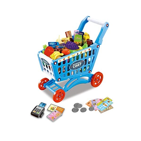 RedCrab Chariot de Courses Enfant, Ensemble de Jeu de Chariot de Courses Comprenant 64 Pièces Produits Dépicerie, Goûter, Fr