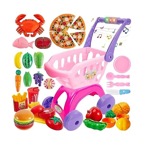 BUYGER Chariot de Courses Supermarché Enfant avec Dinette Aliment Fruits et Légumes Jouets à Couper, Accessoires Jeu de Cuisi